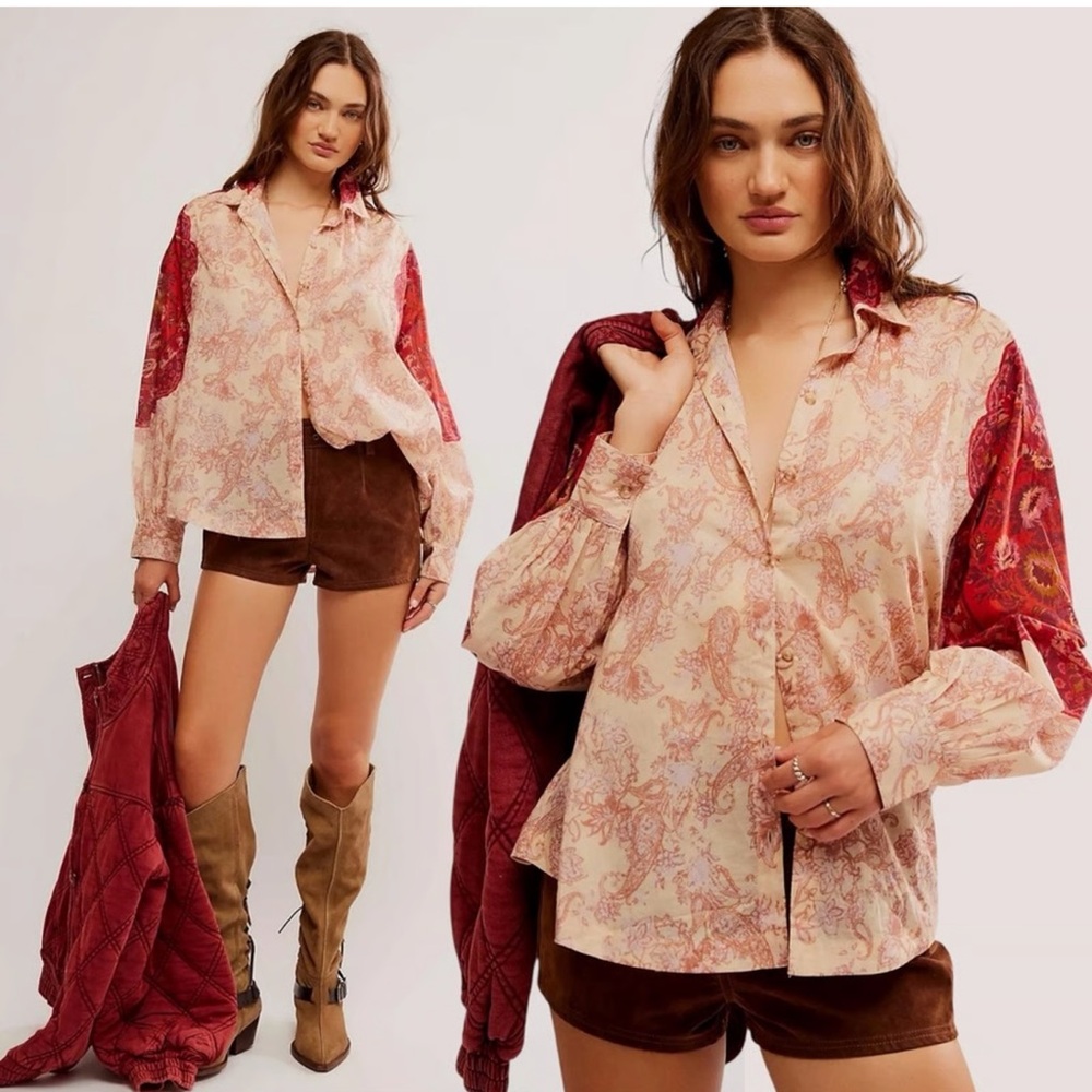Free People Paisley Button Down Shirt in Cream and Red